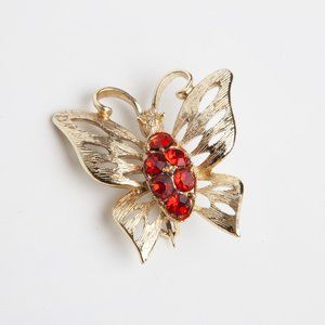 Small Vintage Butterfly Pin Brooch Red Rhinestones Gold Tone 1" Insect Jewelry
